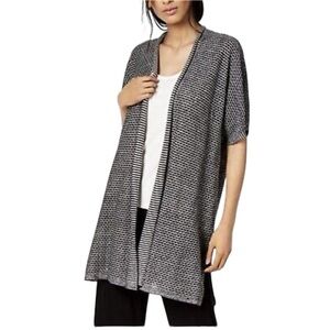 EILEEN FISHER Organic Linen Short Sleeve Open Front Cardigan, Black/White, Small